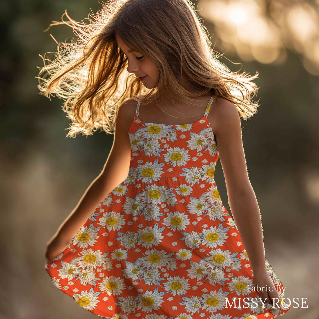 Indy Bloom Fabric Summer Sunshine Cherry 02 sewn into a girls' dress - custom printed fabric | Fabric by Missy Rose
