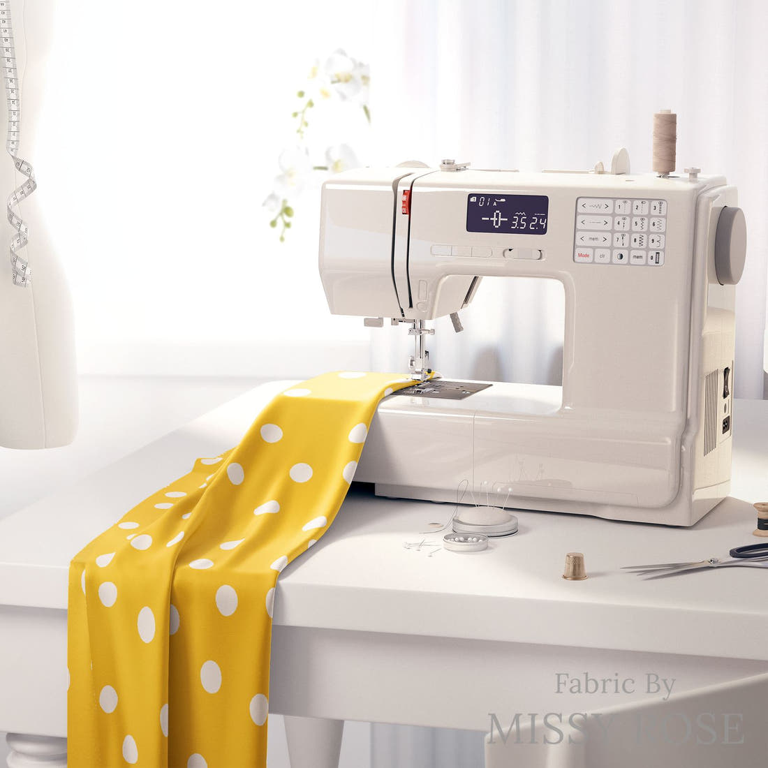 Indy Bloom Fabric Summer Sunshine Dots in Sunshine 20 fabric on a sewing machine - sew your own | Fabric by Missy Rose