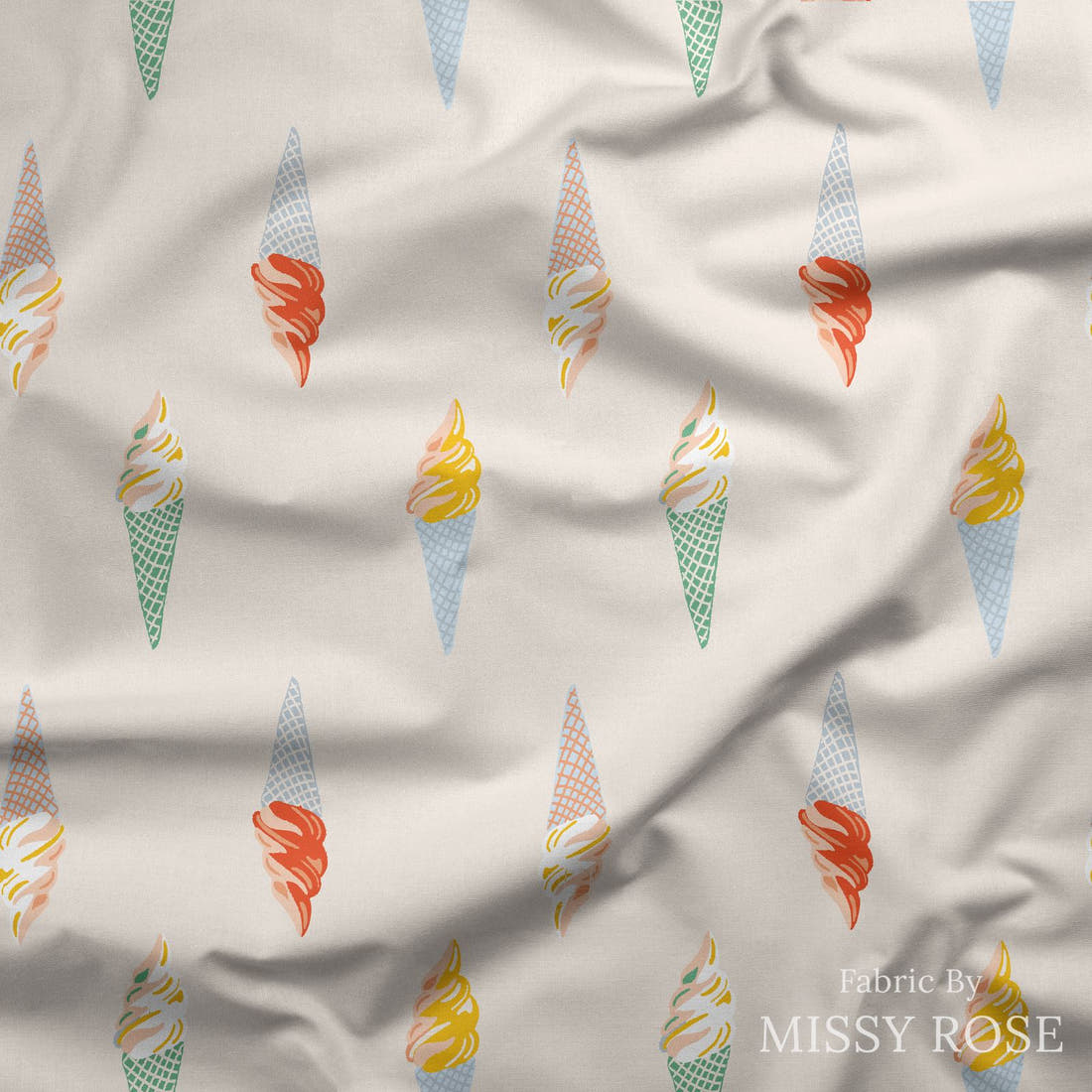 Indy Bloom Fabric Summer Sunshine Ice Cream 05 draped fabric mockup - custom printed fabric by the metre | Fabric by Missy Rose