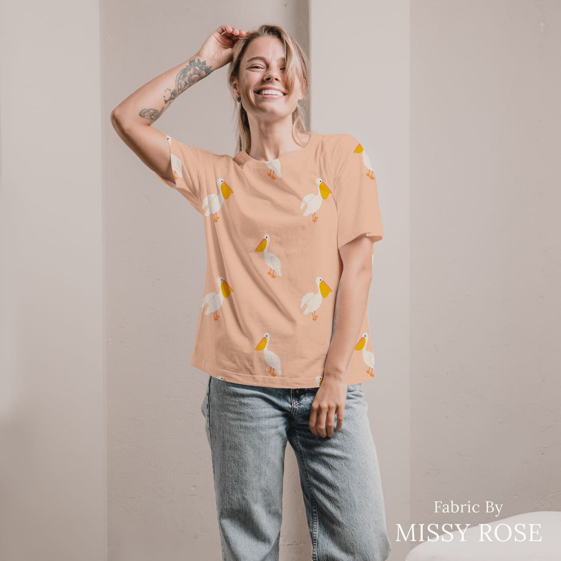 Indy Bloom Fabric Summer Sunshine Pelican in Blush 07 sewn into an all-over print shirt - custom printed fabric | Fabric by Missy Rose
