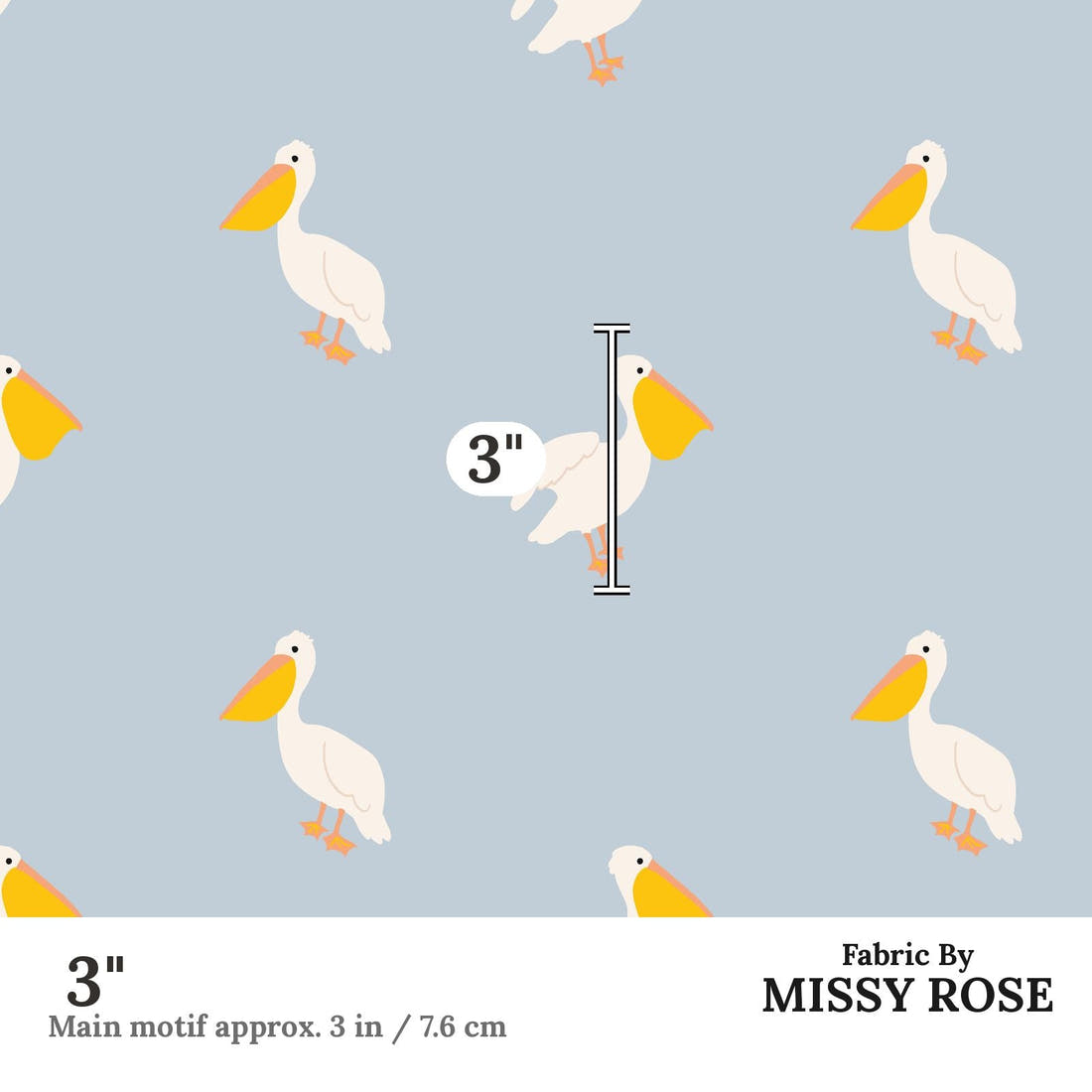 Indy Bloom Fabric Summer Sunshine Pelican in Periwinkle 08 3 inch print scale guide | Fabric by Missy Rose