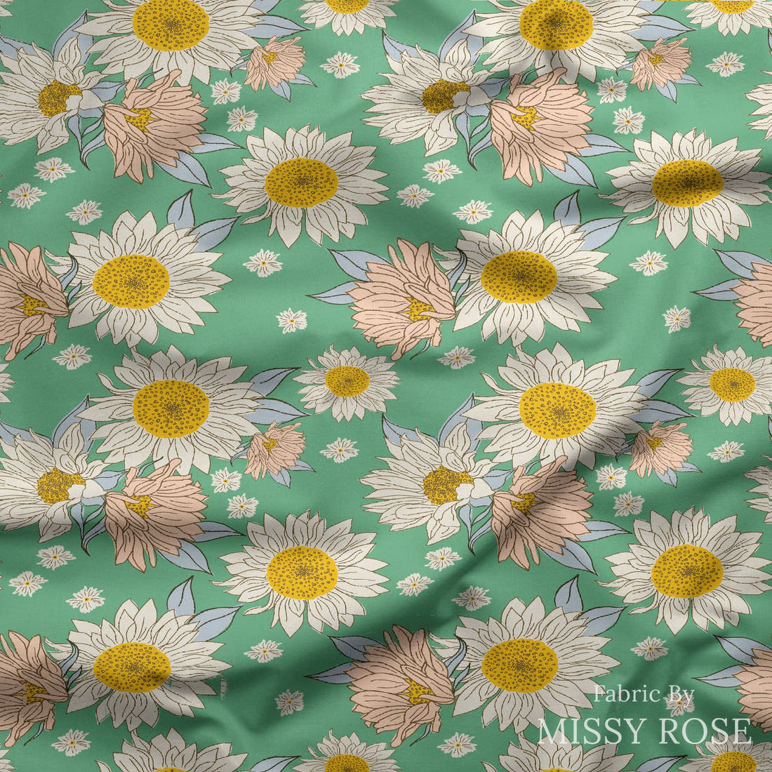 Indy Bloom Fabric Summer Sunshine Teal 03 draped fabric mockup - custom printed fabric by the metre | Fabric by Missy Rose