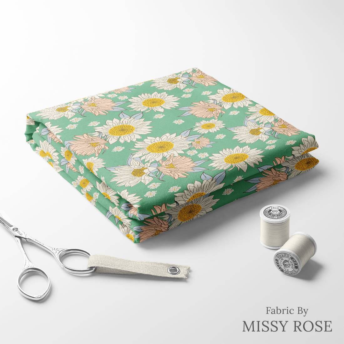 Indy Bloom Fabric Summer Sunshine Teal 03 folded fabric stack with matching thread - pre-order fabric Australia | Fabric by Missy Rose