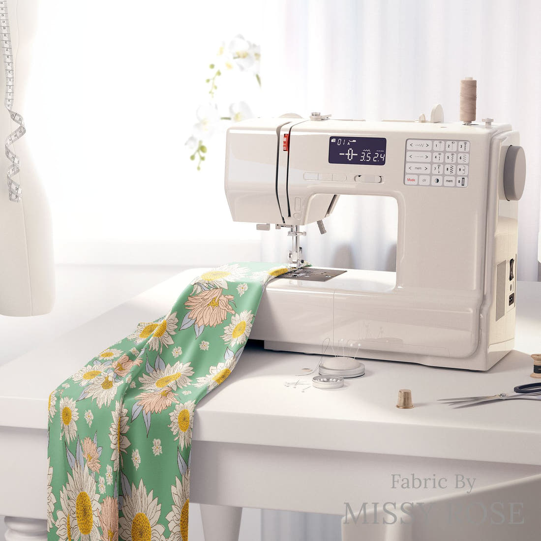 Indy Bloom Fabric Summer Sunshine Teal 03 fabric on a sewing machine - sew your own | Fabric by Missy Rose