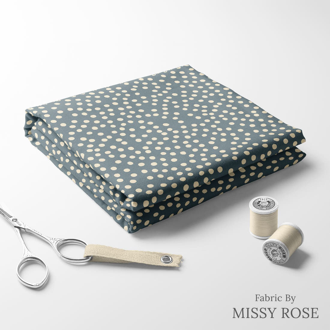 Indy Bloom Fabric Sunflower Girl Blue Spots 07 folded fabric stack with matching thread - pre-order fabric Australia | Fabric by Missy Rose