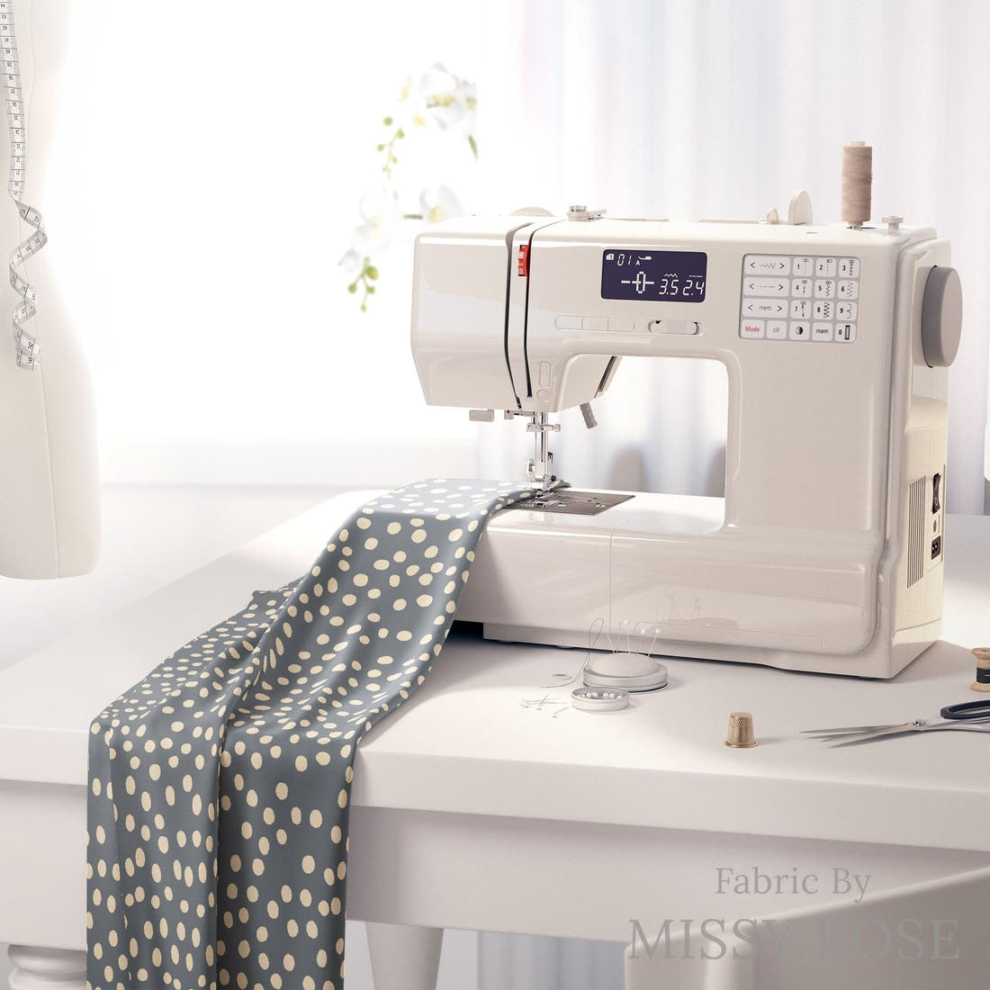 Indy Bloom Fabric Sunflower Girl Blue Spots 07 fabric on a sewing machine - sew your own | Fabric by Missy Rose
