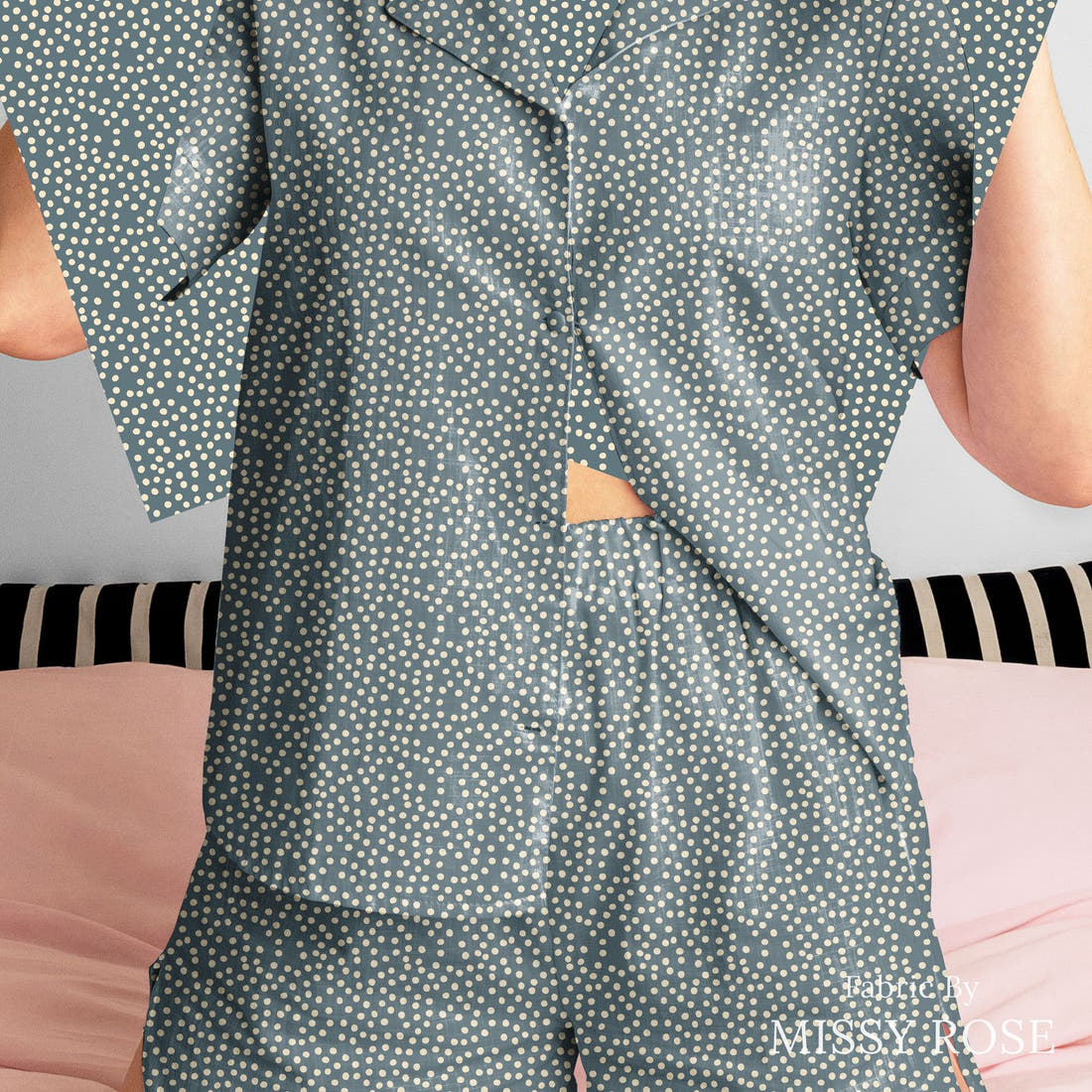 Indy Bloom Fabric Sunflower Girl Blue Spots 07 sewn into a women's pyjama set - custom printed fabric | Fabric by Missy Rose