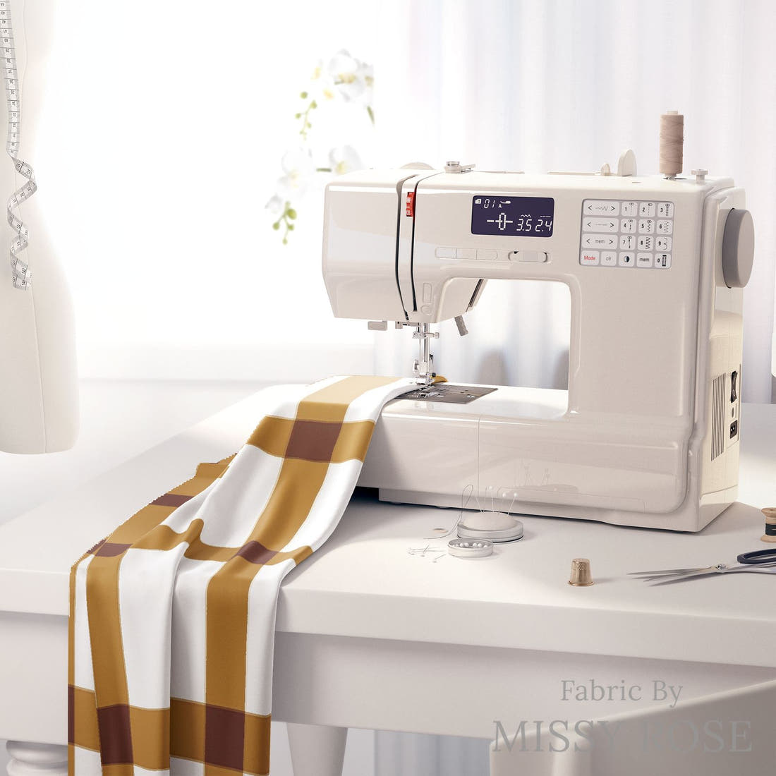 Indy Bloom Fabric Sunflower Girl Brown Gingham 08 fabric on a sewing machine - sew your own | Fabric by Missy Rose