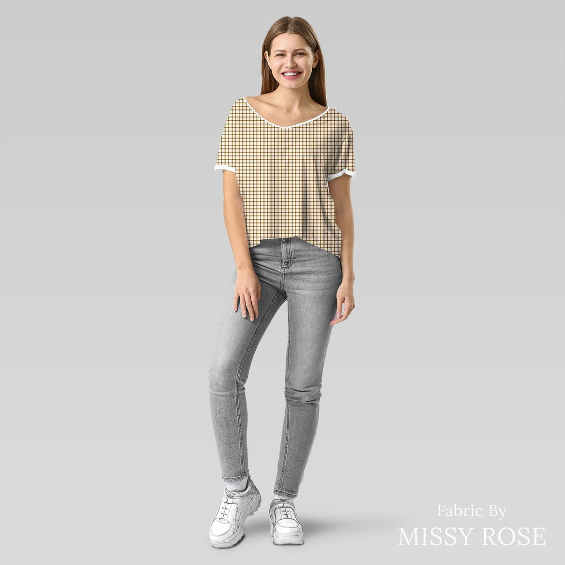 Indy Bloom Fabric Sunflower Girl Brown Gingham 08 sewn into an everyday tee - custom printed fabric | Fabric by Missy Rose