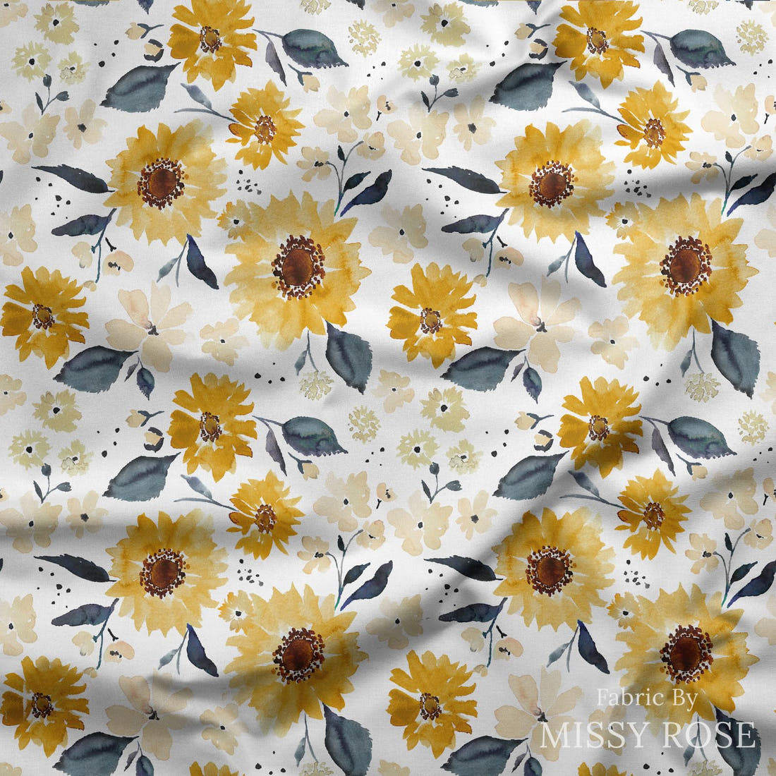 Indy Bloom Fabric Sunflower Girl Creamy Fields 01 draped fabric mockup - custom printed fabric by the metre | Fabric by Missy Rose