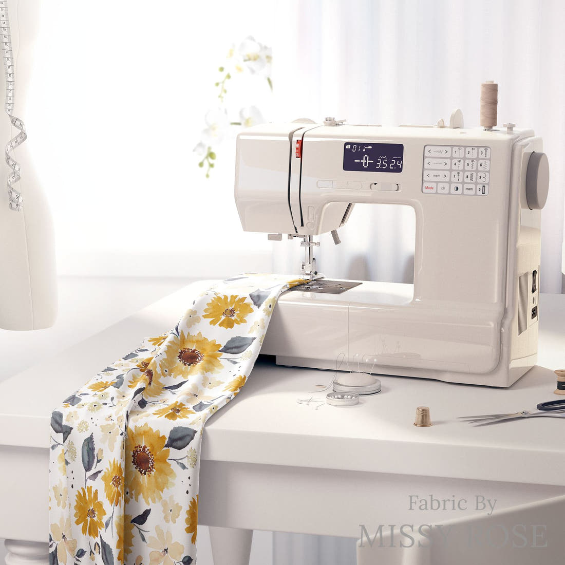 Indy Bloom Fabric Sunflower Girl Creamy Fields 01 fabric on a sewing machine - sew your own | Fabric by Missy Rose