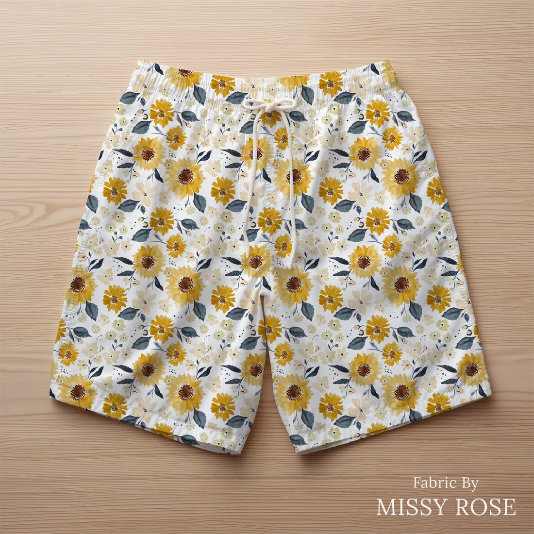 Indy Bloom Fabric Sunflower Girl Creamy Fields 01 sewn into swim shorts - custom printed fabric | Fabric by Missy Rose