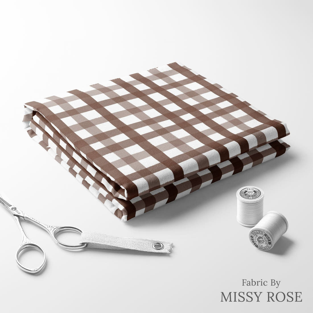 Indy Bloom Fabric Sunflower Girl Gingham Chocolate 04 folded fabric stack with matching thread - pre-order fabric Australia | Fabric by Missy Rose
