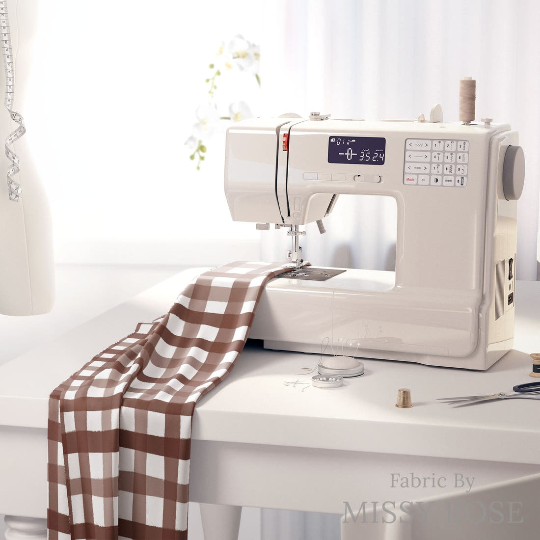 Indy Bloom Fabric Sunflower Girl Gingham Chocolate 04 fabric on a sewing machine - sew your own | Fabric by Missy Rose
