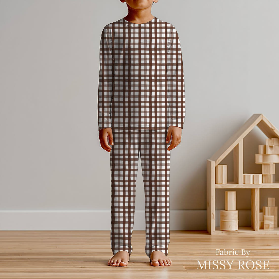 Indy Bloom Fabric Sunflower Girl Gingham Chocolate 04 sewn into kids' pyjamas - custom printed fabric | Fabric by Missy Rose