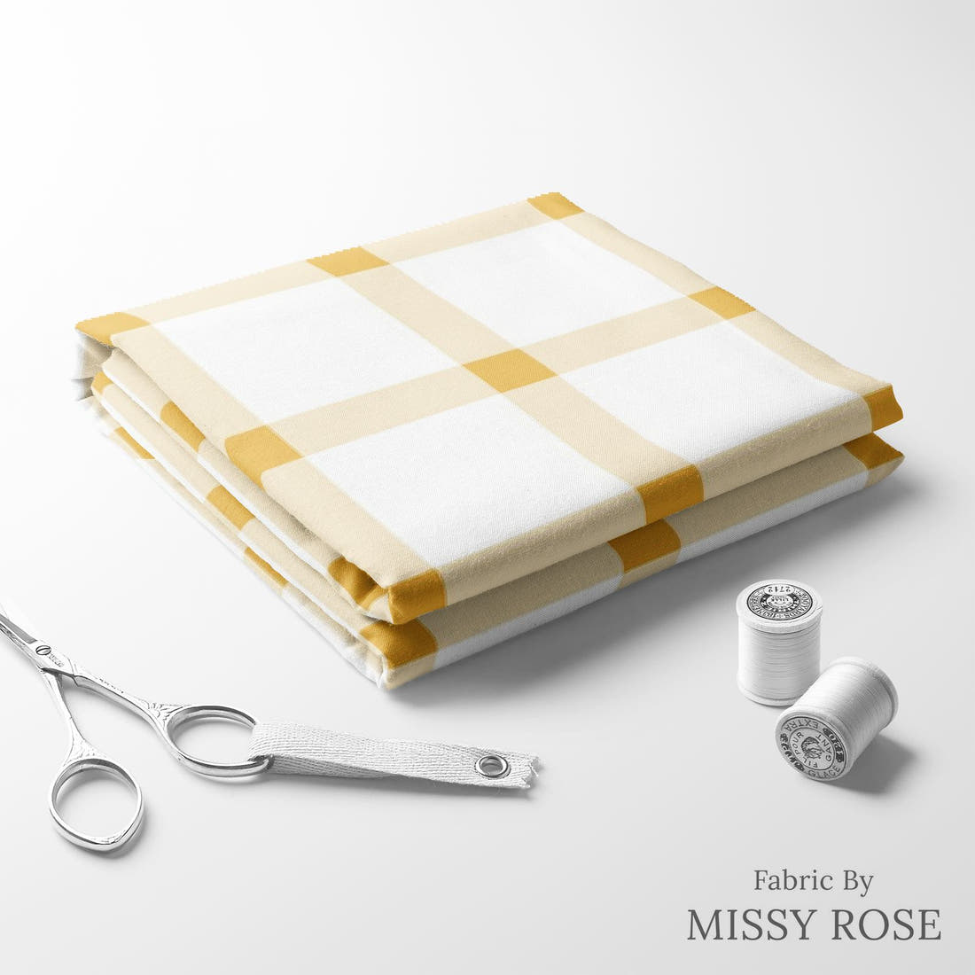 Indy Bloom Fabric Sunflower Girl Golden Cream Gingham 09 folded fabric stack with matching thread - pre-order fabric Australia | Fabric by Missy Rose