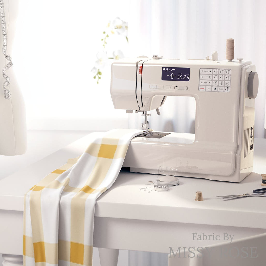 Indy Bloom Fabric Sunflower Girl Golden Cream Gingham 09 fabric on a sewing machine - sew your own | Fabric by Missy Rose