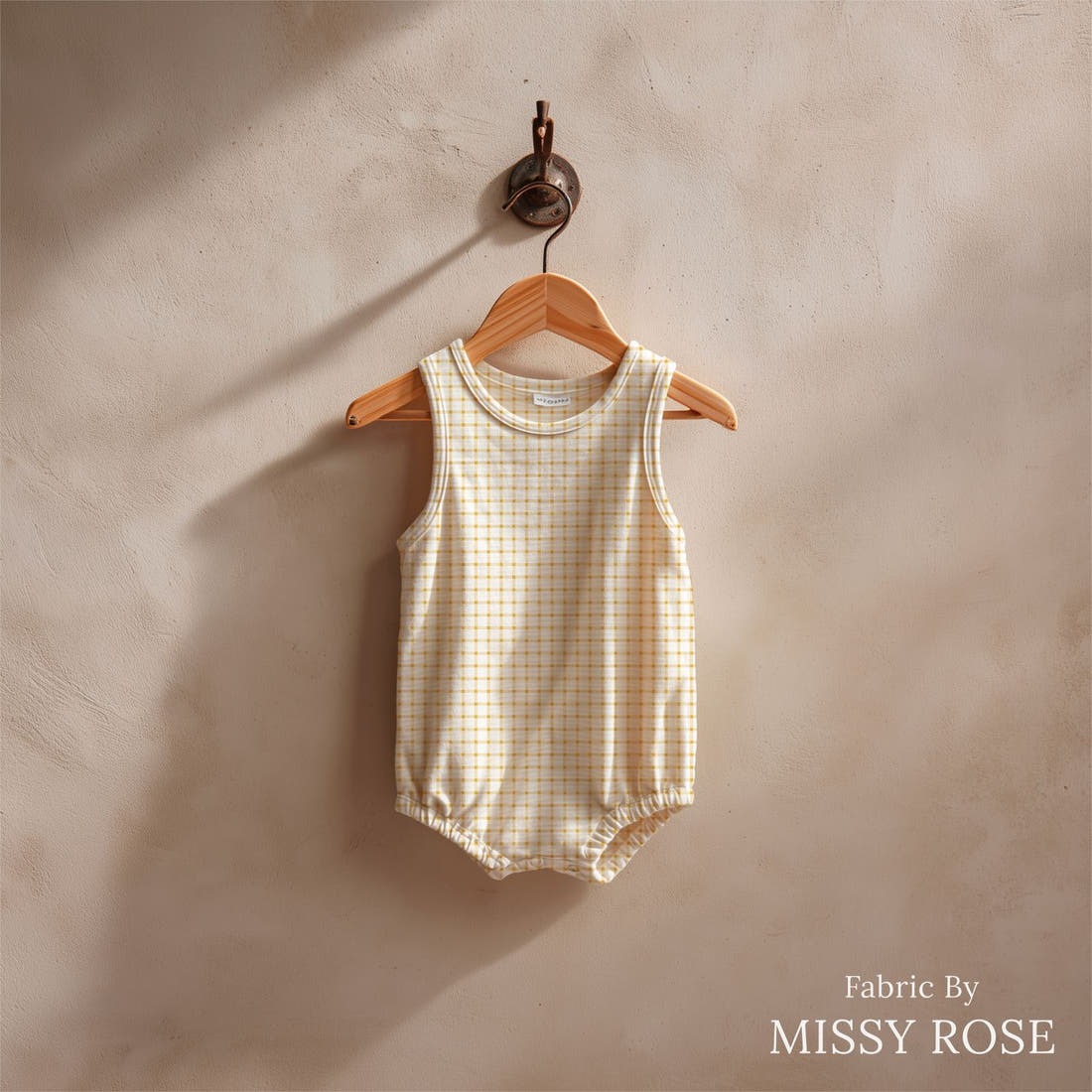 Indy Bloom Fabric Sunflower Girl Golden Cream Gingham 09 sewn into a baby romper - custom printed fabric | Fabric by Missy Rose