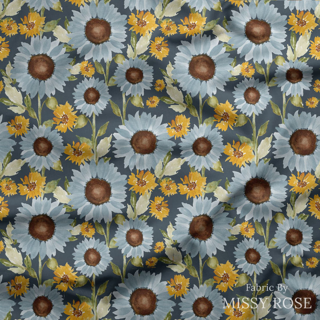 Indy Bloom Fabric Sunflower Girl Navy 03 draped fabric mockup - custom printed fabric by the metre | Fabric by Missy Rose