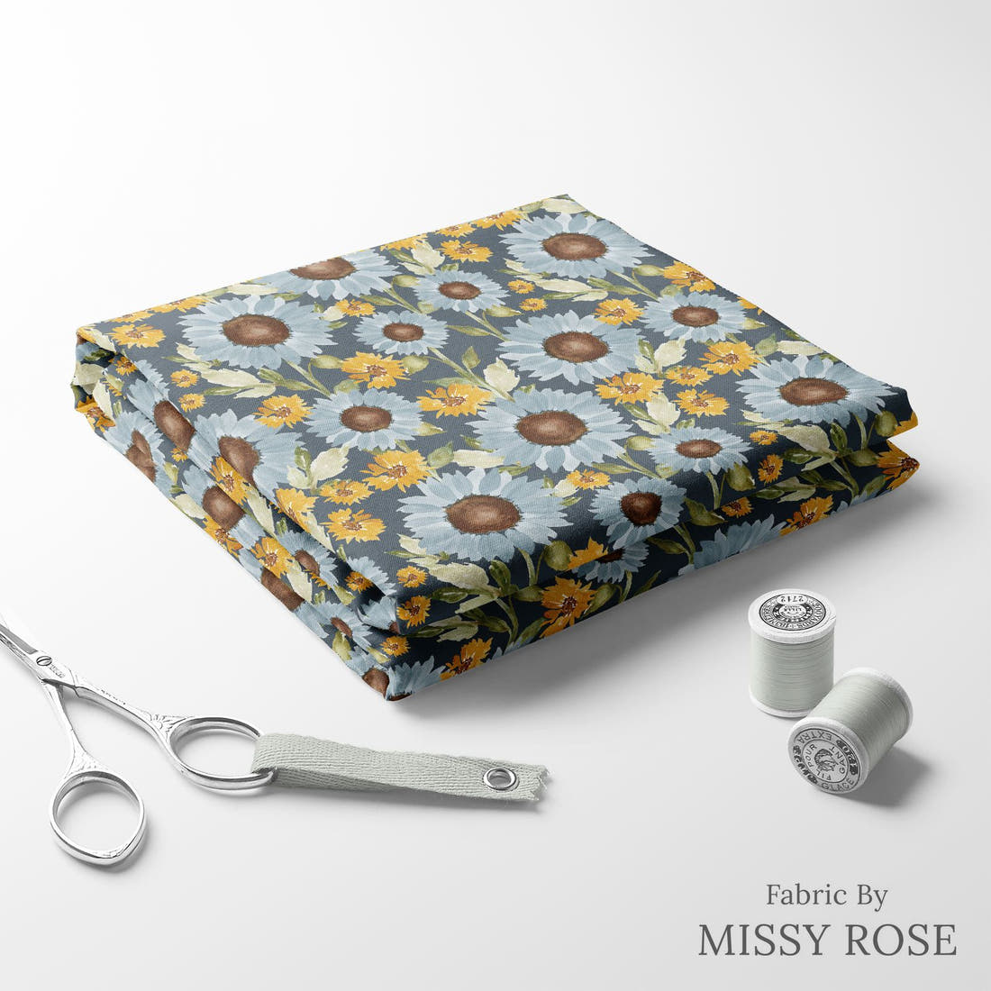 Indy Bloom Fabric Sunflower Girl Navy 03 folded fabric stack with matching thread - pre-order fabric Australia | Fabric by Missy Rose