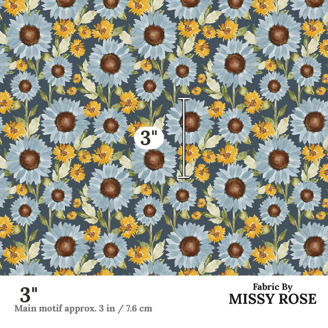 Indy Bloom Fabric Sunflower Girl Navy 03 3 inch print scale guide | Fabric by Missy Rose