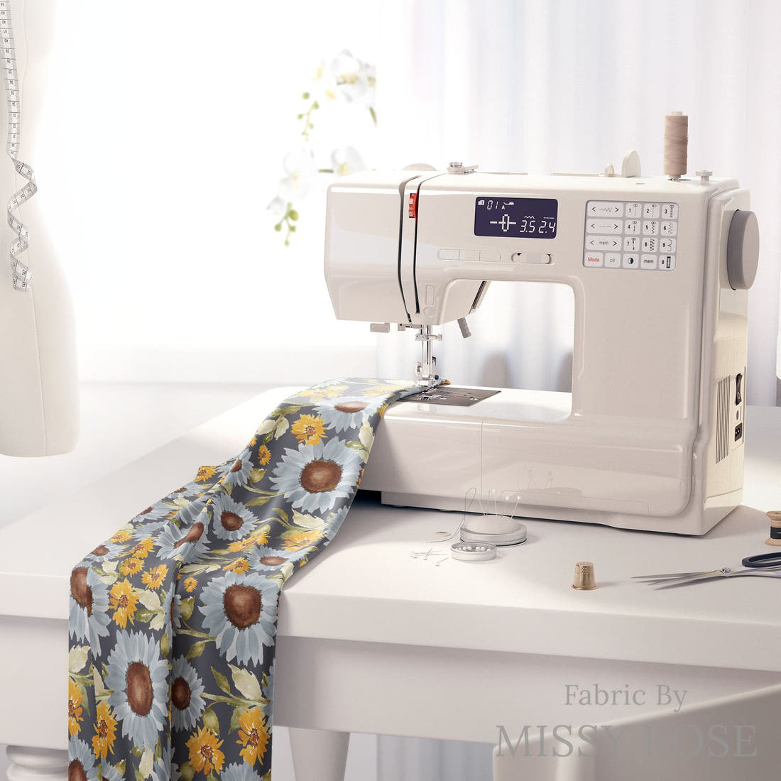 Indy Bloom Fabric Sunflower Girl Navy 03 fabric on a sewing machine - sew your own | Fabric by Missy Rose