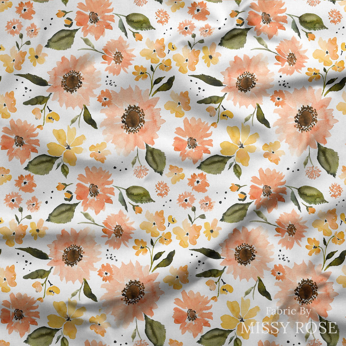 Indy Bloom Fabric Sunflower Girl Peachy Sunflower 11 draped fabric mockup - custom printed fabric by the metre | Fabric by Missy Rose