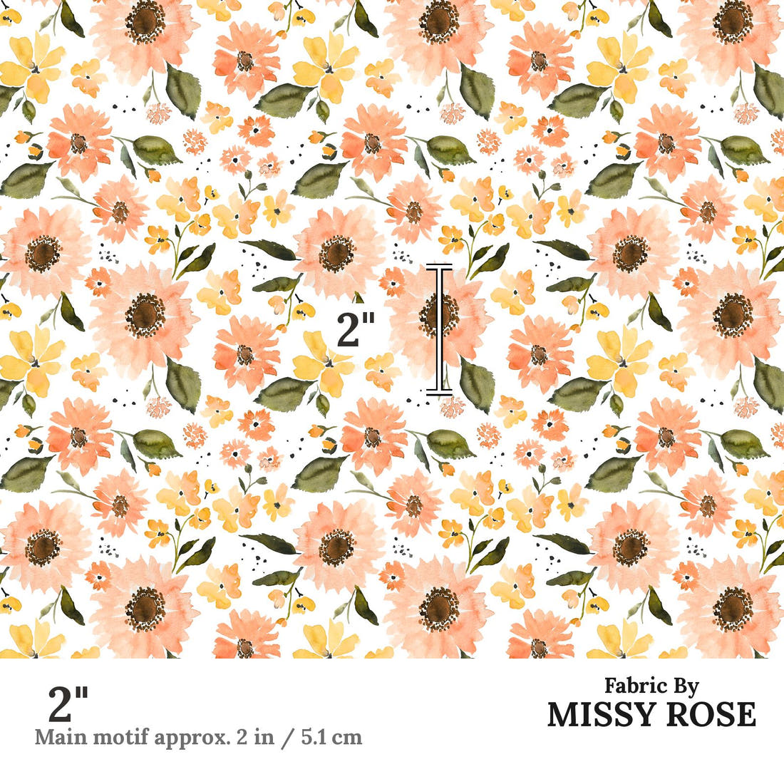 Indy Bloom Fabric Sunflower Girl Peachy Sunflower 11 2 inch print scale guide | Fabric by Missy Rose