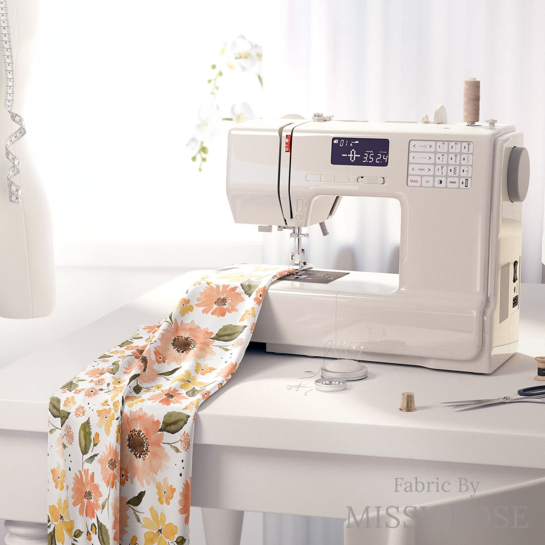 Indy Bloom Fabric Sunflower Girl Peachy Sunflower 11 fabric on a sewing machine - sew your own | Fabric by Missy Rose