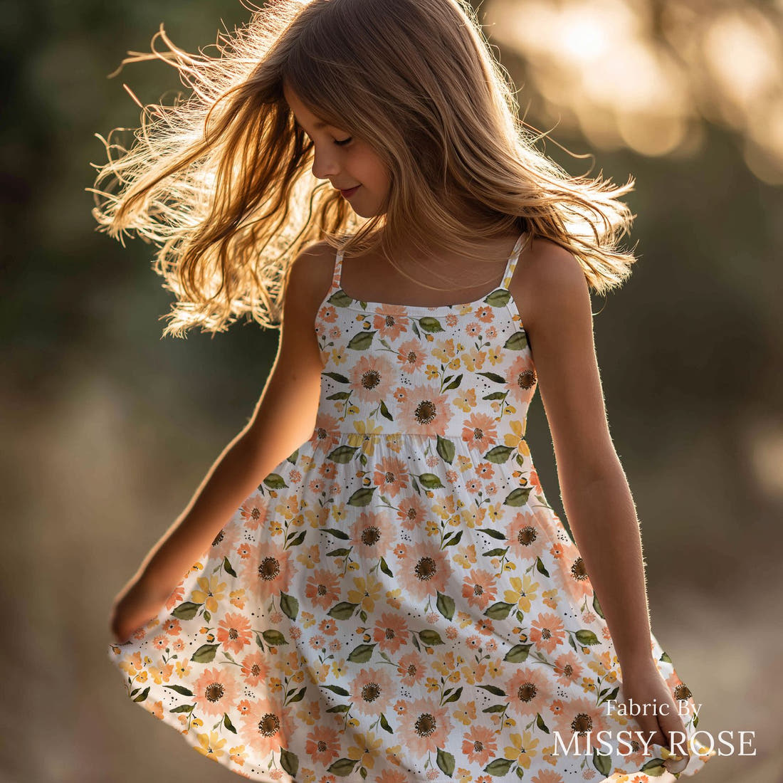 Indy Bloom Fabric Sunflower Girl Peachy Sunflower 11 sewn into a girls' dress - custom printed fabric | Fabric by Missy Rose