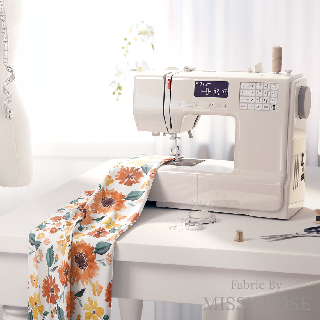 Indy Bloom Fabric Sunflower Girl Pumpkin Spice 12 fabric on a sewing machine - sew your own | Fabric by Missy Rose