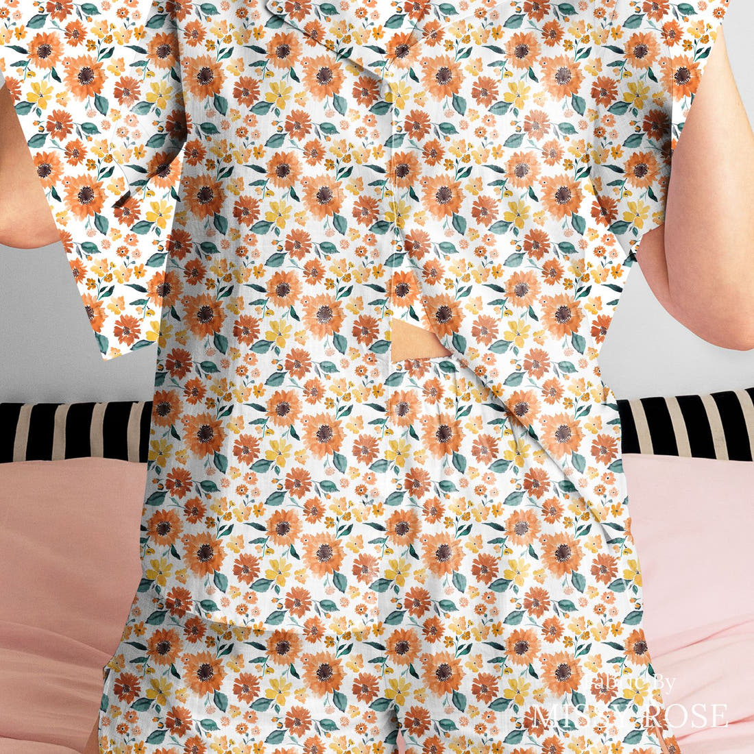 Indy Bloom Fabric Sunflower Girl Pumpkin Spice 12 sewn into a women's pyjama set - custom printed fabric | Fabric by Missy Rose