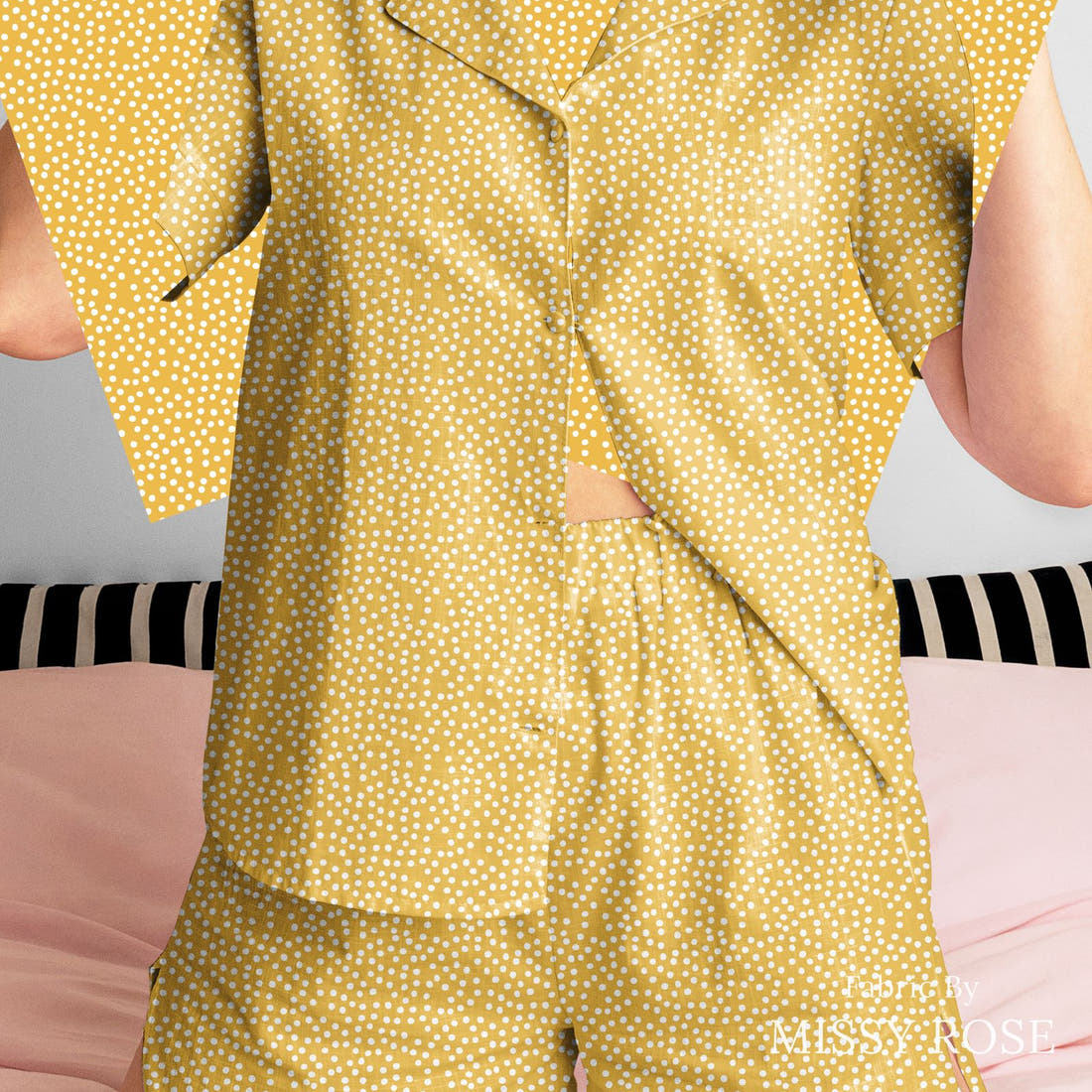 Indy Bloom Fabric Sunflower Girl Sunny Dot 05 sewn into a women's pyjama set - custom printed fabric | Fabric by Missy Rose