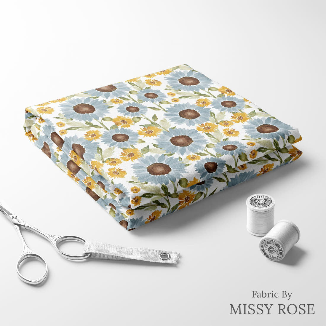 Indy Bloom Fabric Sunflower Girl White 02 folded fabric stack with matching thread - pre-order fabric Australia | Fabric by Missy Rose