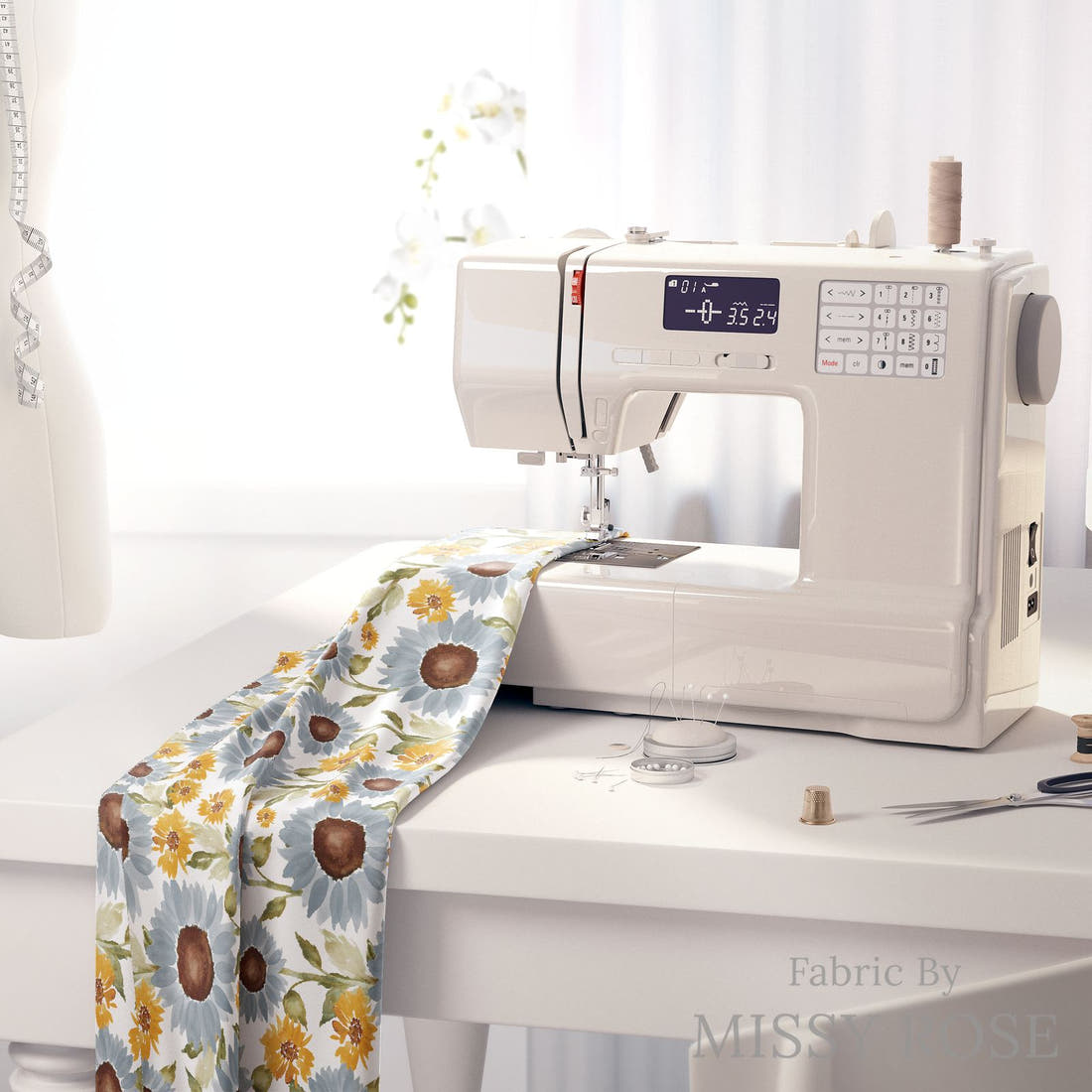 Indy Bloom Fabric Sunflower Girl White 02 fabric on a sewing machine - sew your own | Fabric by Missy Rose