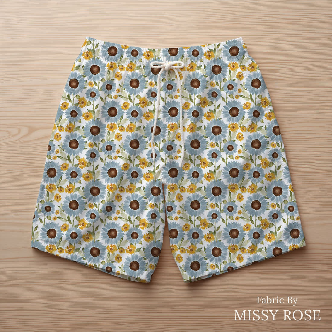 Indy Bloom Fabric Sunflower Girl White 02 sewn into swim shorts - custom printed fabric | Fabric by Missy Rose