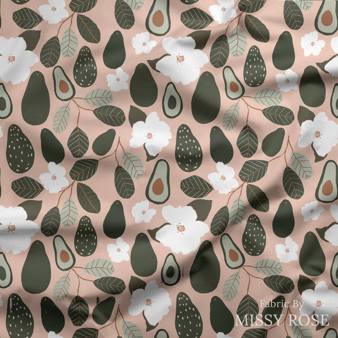 Indy Bloom Fabric Vintage Fruit Avocado Blossoms 16 draped fabric mockup - custom printed fabric by the metre | Fabric by Missy Rose