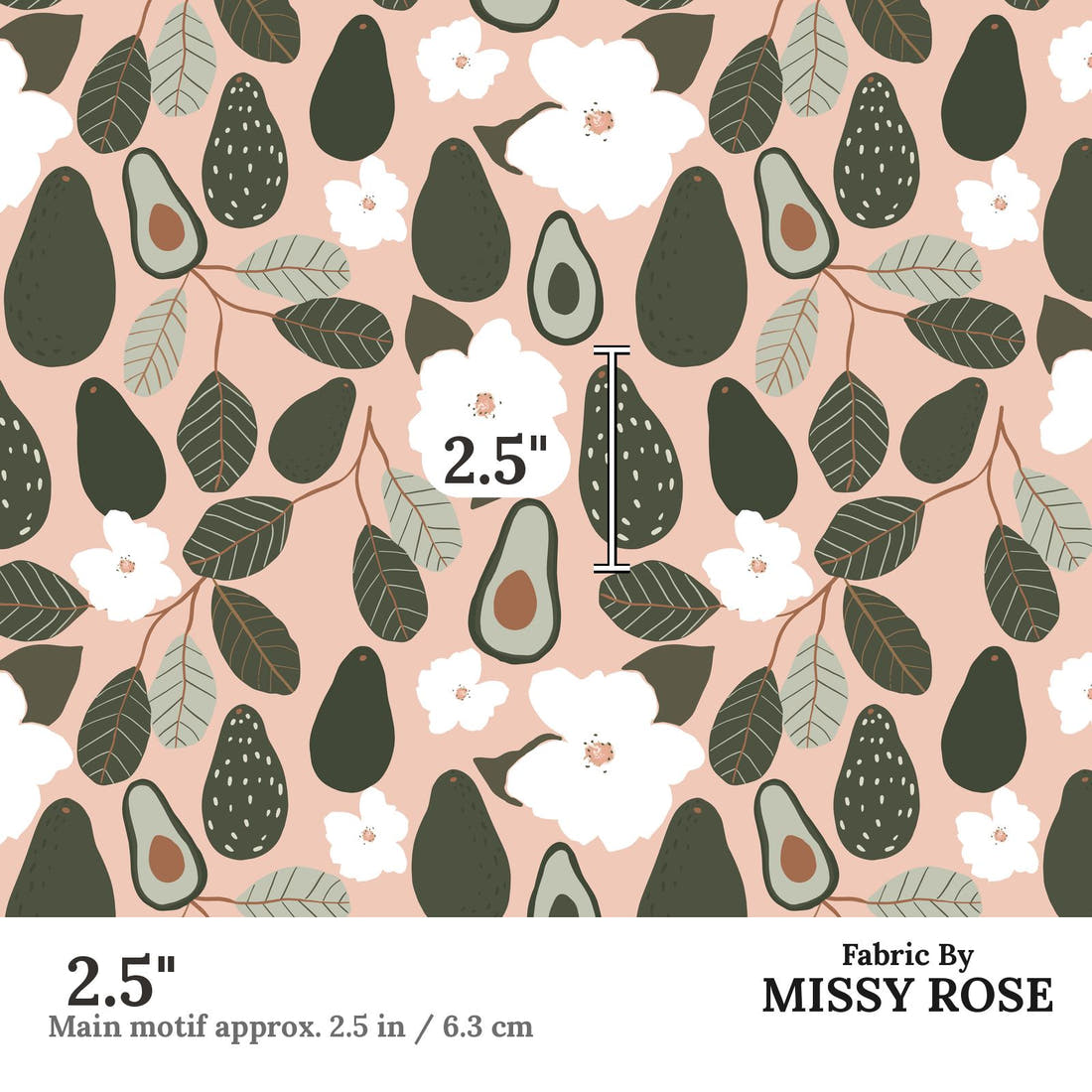 Indy Bloom Fabric Vintage Fruit Avocado Blossoms 16 2.5 inch print scale guide | Fabric by Missy Rose