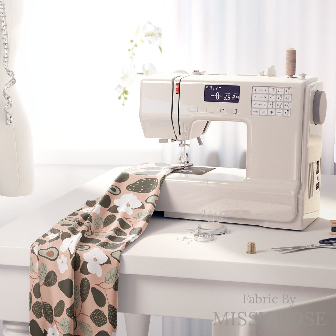 Indy Bloom Fabric Vintage Fruit Avocado Blossoms 16 fabric on a sewing machine - sew your own | Fabric by Missy Rose