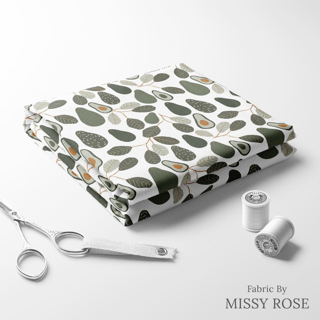 Indy Bloom Fabric Vintage Fruit Avocado White 17 folded fabric stack with matching thread - pre-order fabric Australia | Fabric by Missy Rose