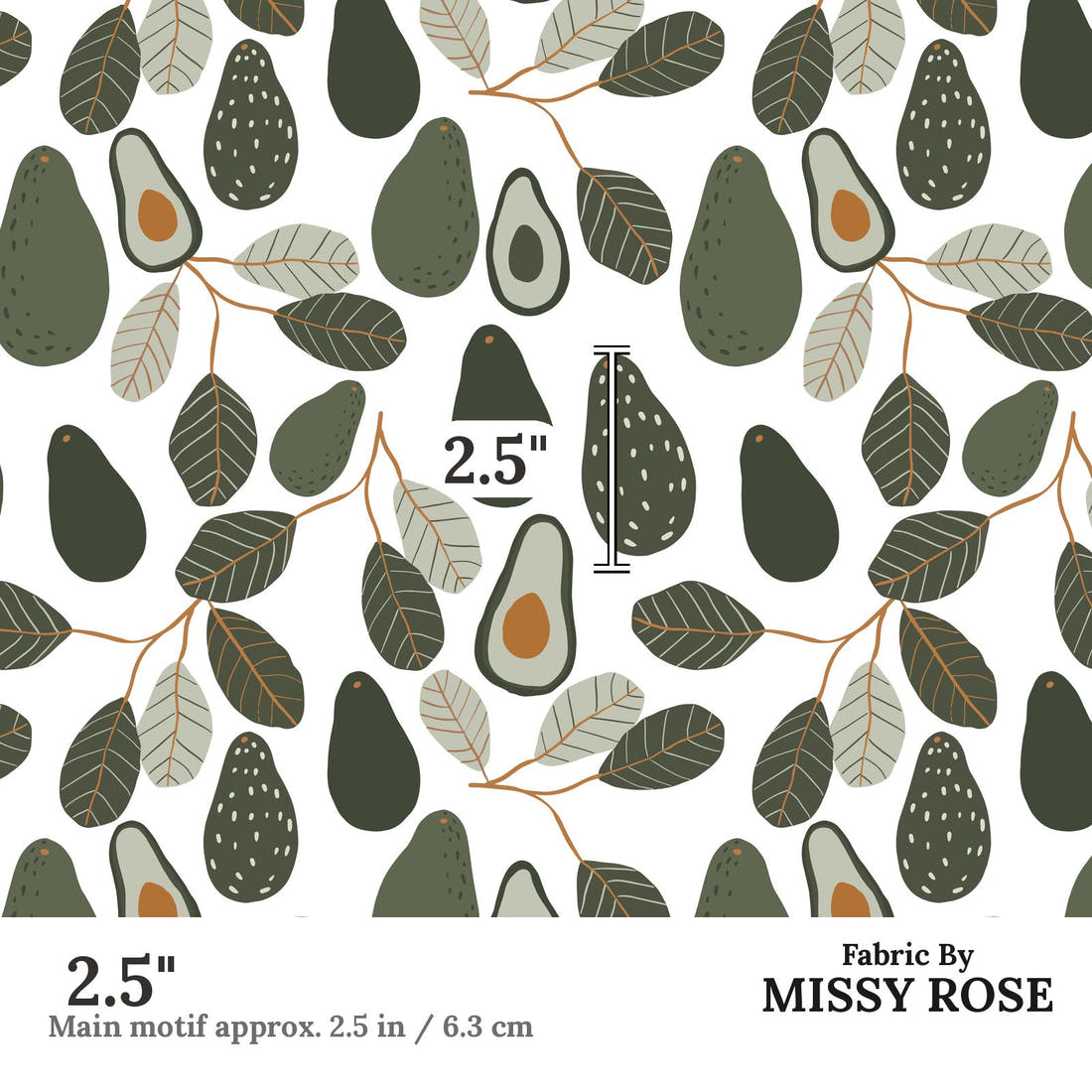 Indy Bloom Fabric Vintage Fruit Avocado White 17 2.5 inch print scale guide | Fabric by Missy Rose