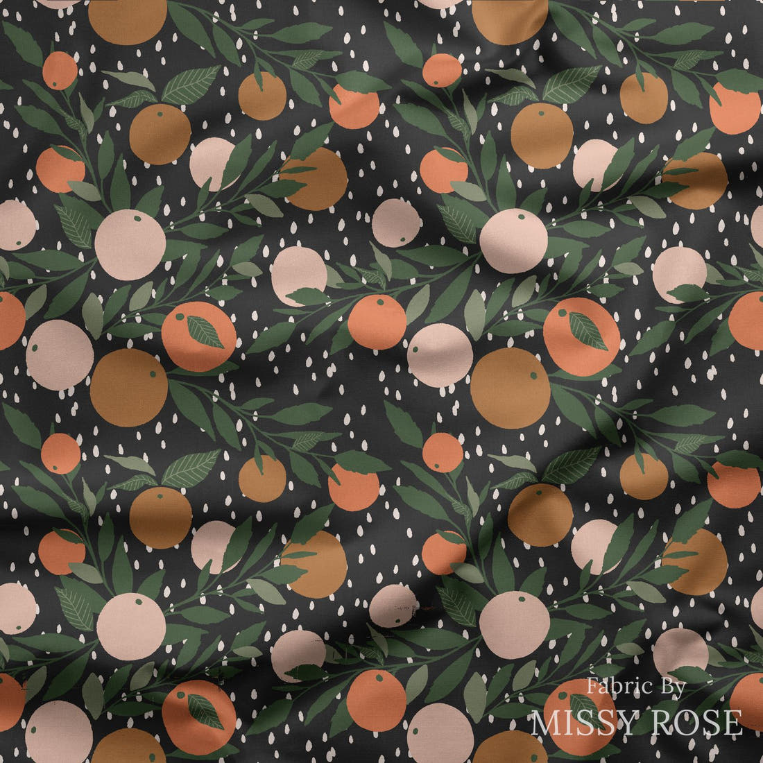 Indy Bloom Fabric Vintage Fruit Black Tangerine Rain 10 draped fabric mockup - custom printed fabric by the metre | Fabric by Missy Rose
