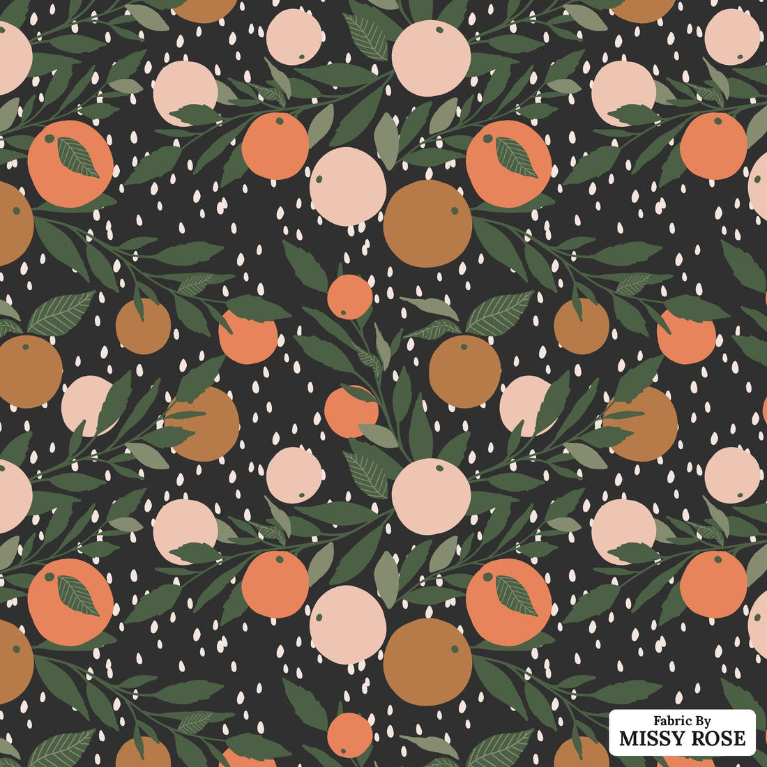 Indy Bloom Fabric Vintage Fruit Black Tangerine Rain 10 flat view of the printed design | Fabric by Missy Rose