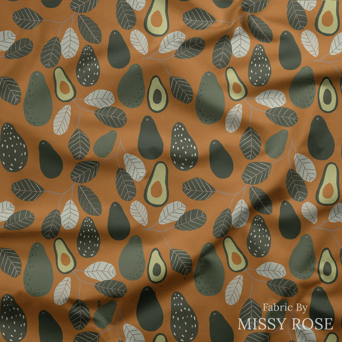 Indy Bloom Fabric Vintage Fruit Brown Avocado 18 draped fabric mockup - custom printed fabric by the metre | Fabric by Missy Rose