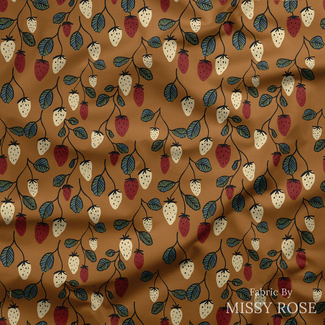 Indy Bloom Fabric Vintage Fruit Camel Strawberry 15 draped fabric mockup - custom printed fabric by the metre | Fabric by Missy Rose