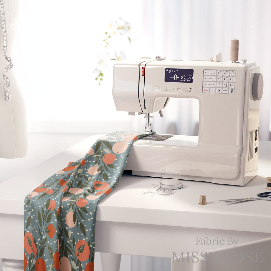 Indy Bloom Fabric Vintage Fruit Grapefruit Rain 08 fabric on a sewing machine - sew your own | Fabric by Missy Rose