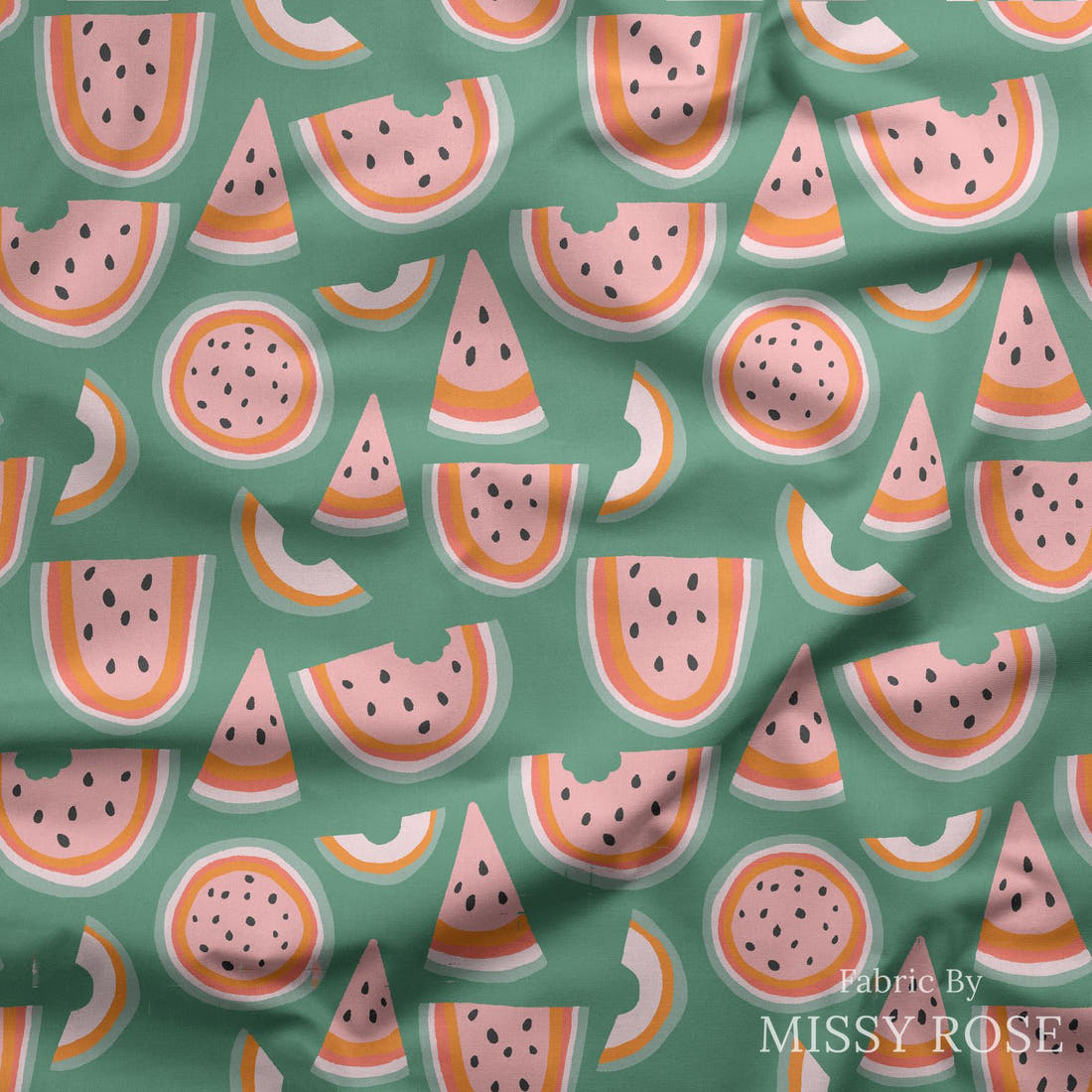 Indy Bloom Fabric Vintage Fruit Green Melon 03 draped fabric mockup - custom printed fabric by the metre | Fabric by Missy Rose