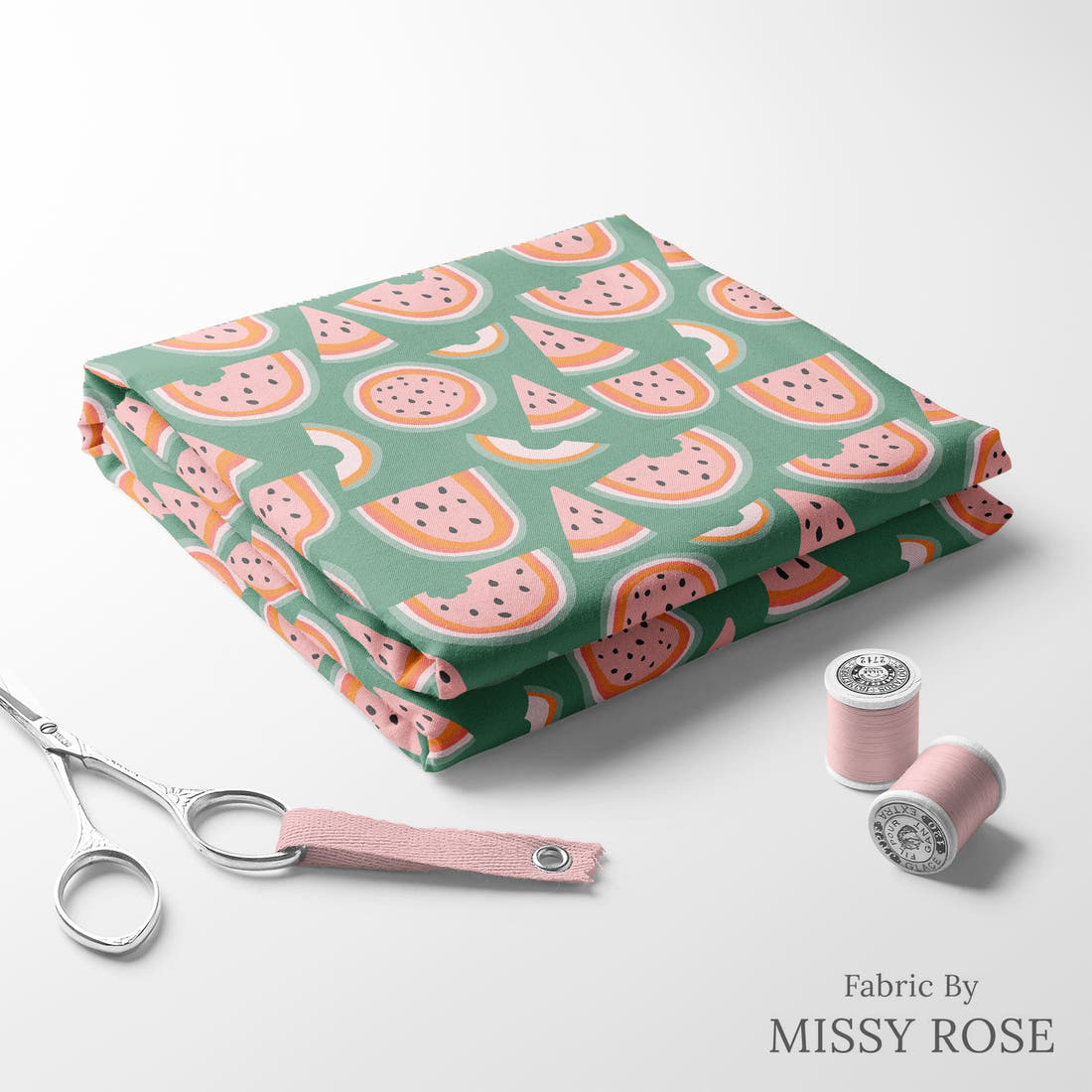 Indy Bloom Fabric Vintage Fruit Green Melon 03 folded fabric stack with matching thread - pre-order fabric Australia | Fabric by Missy Rose