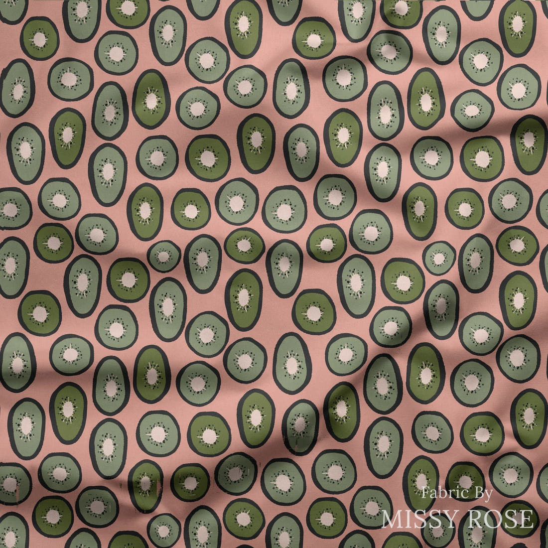 Indy Bloom Fabric Vintage Fruit Kiwi Pink 13 draped fabric mockup - custom printed fabric by the metre | Fabric by Missy Rose