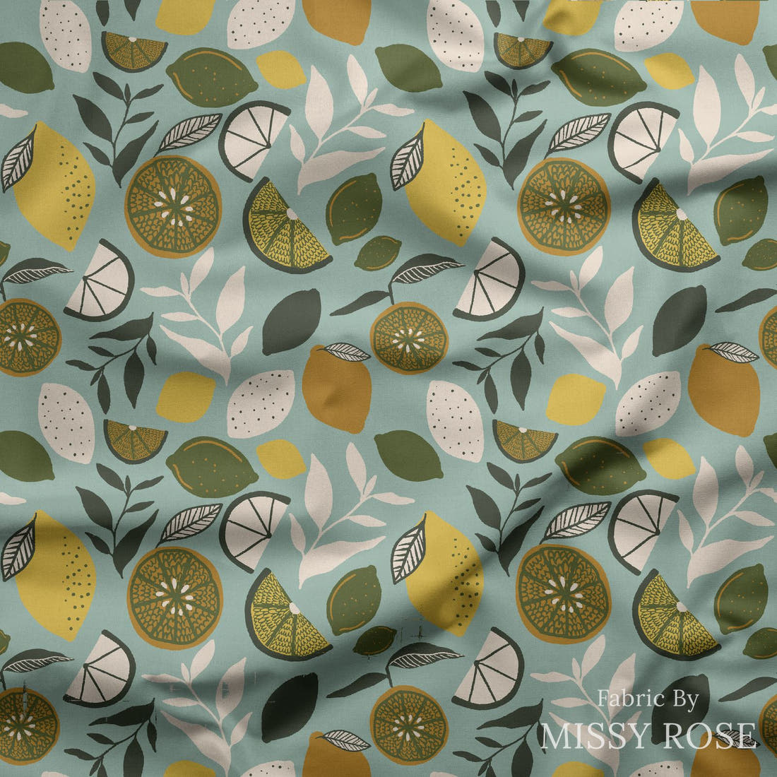 Indy Bloom Fabric Vintage Fruit Lemon Lime 05 draped fabric mockup - custom printed fabric by the metre | Fabric by Missy Rose